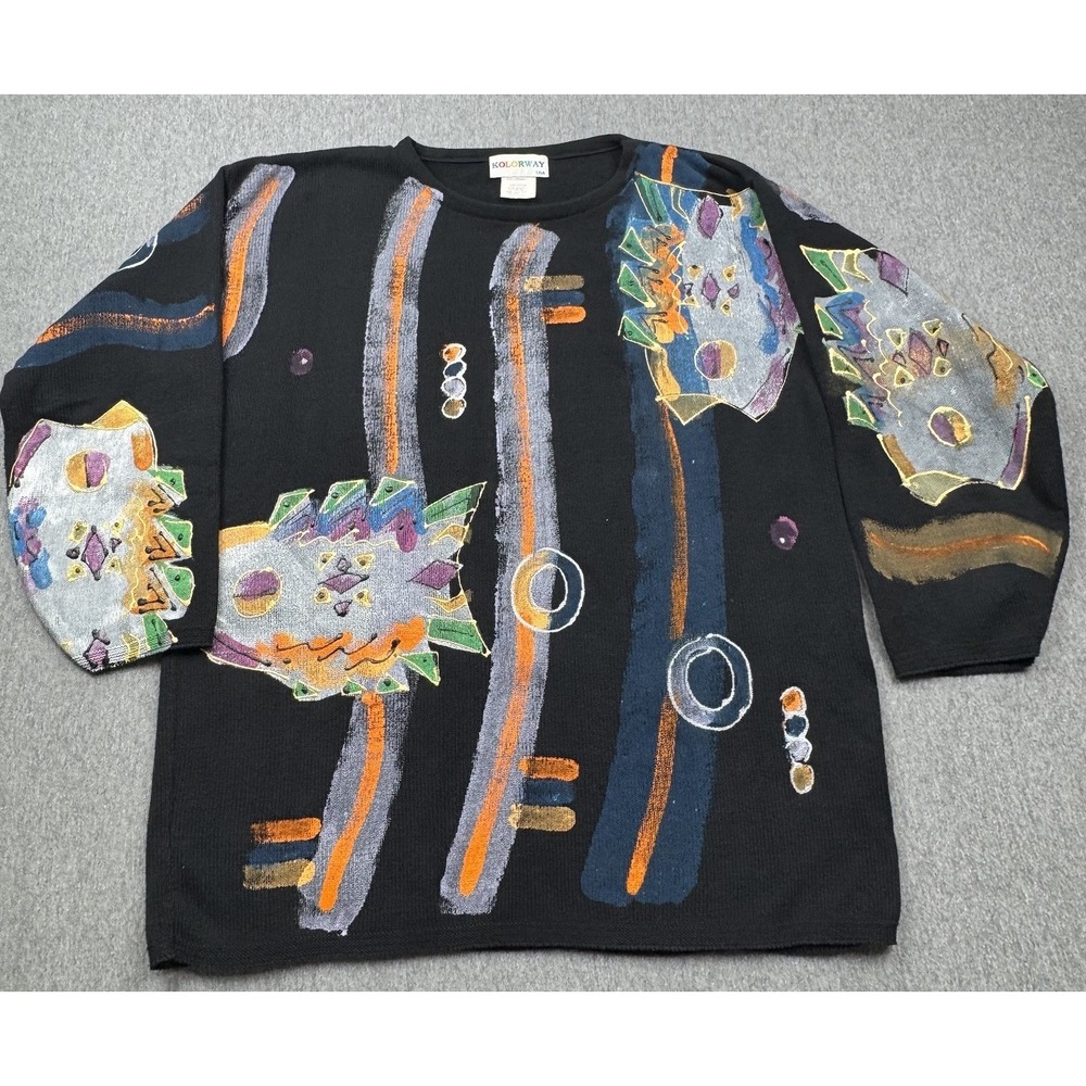 Vintage KOLORWAY Womens Hand Painted Black Fish Sweater USA Size 1